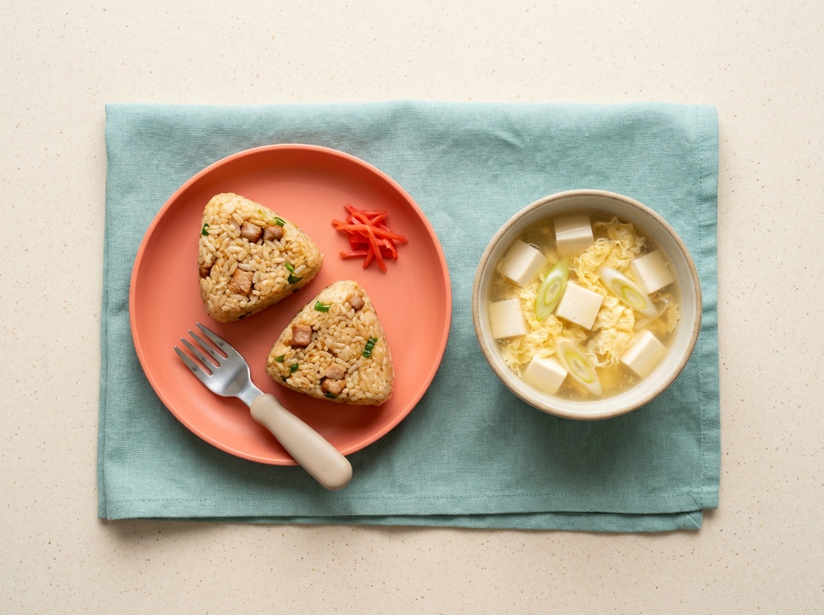 Fried Rice Onigiri with Tofu and Egg Soup