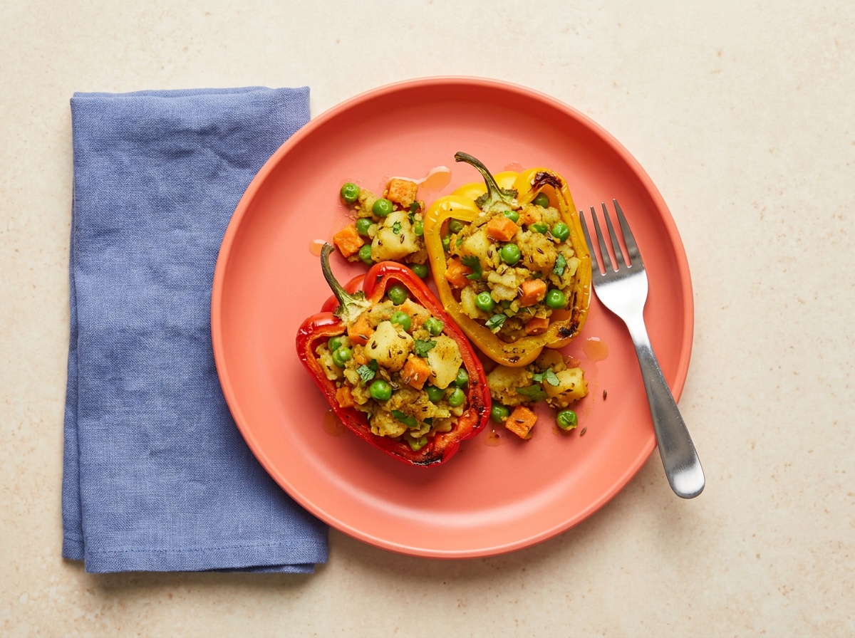 Indian Stuffed Bell Peppers with Spiced Potato and Peas