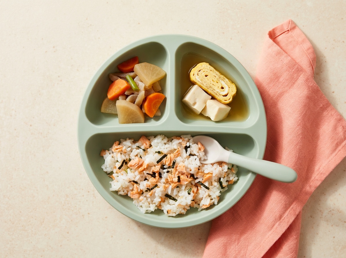Japanese Breakfast Plate (Salmon, Sesame Salad, Miso Soup and Nori Rice)